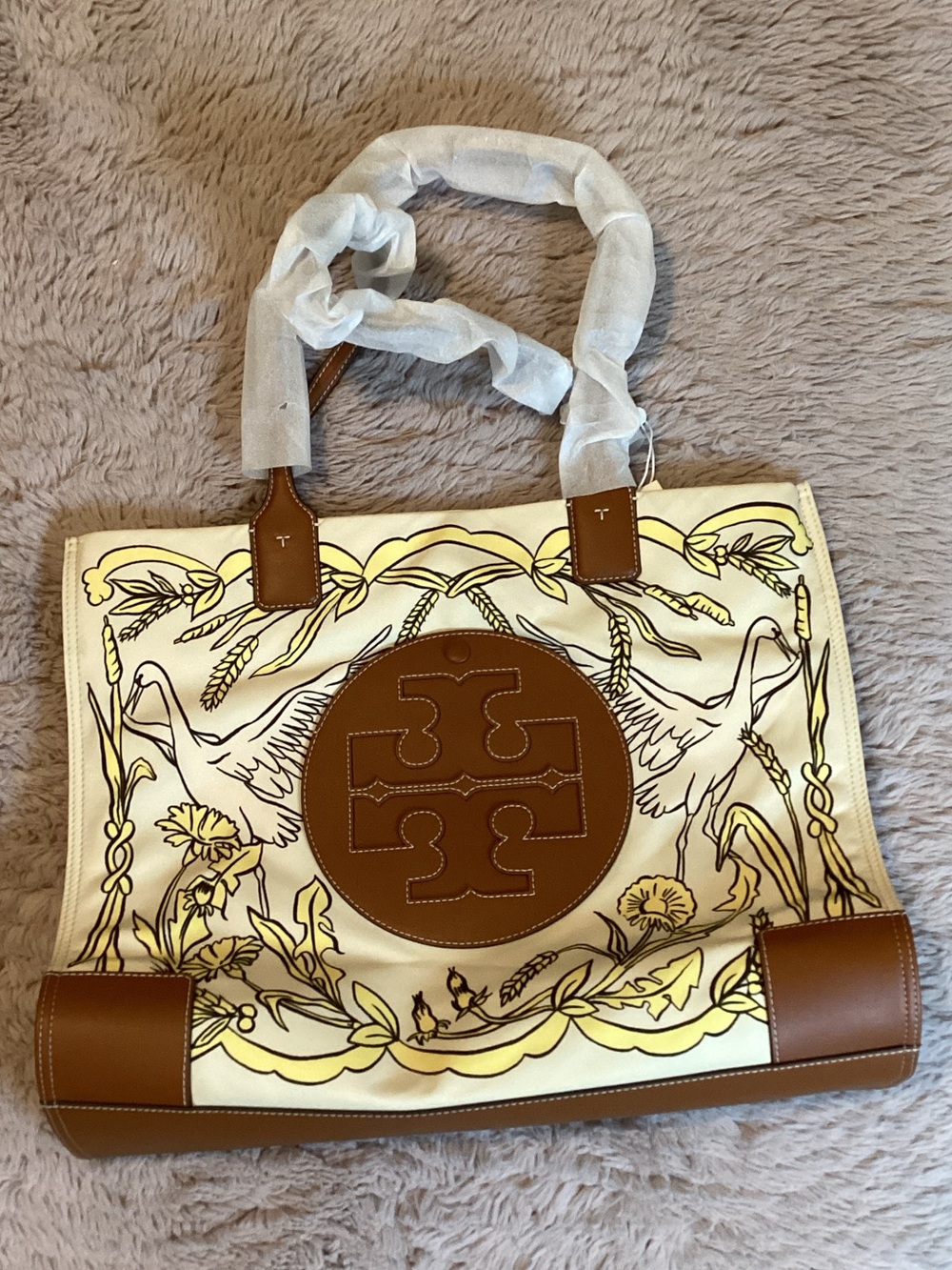 Tory Burch Cream and Brown Logo-Emblem Floral Tote